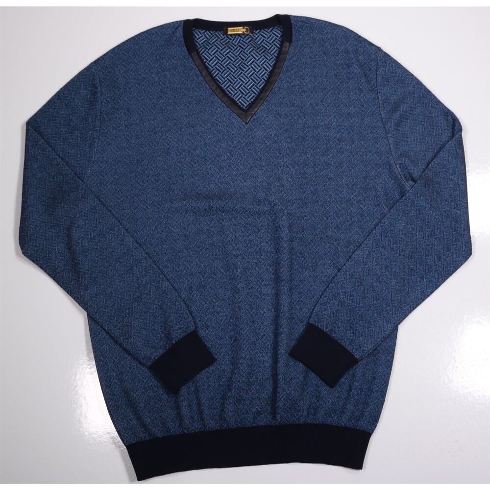 Zilli Turquoise Checkered Wool Silk Leather V-Neck Sweater Mens 48/XL